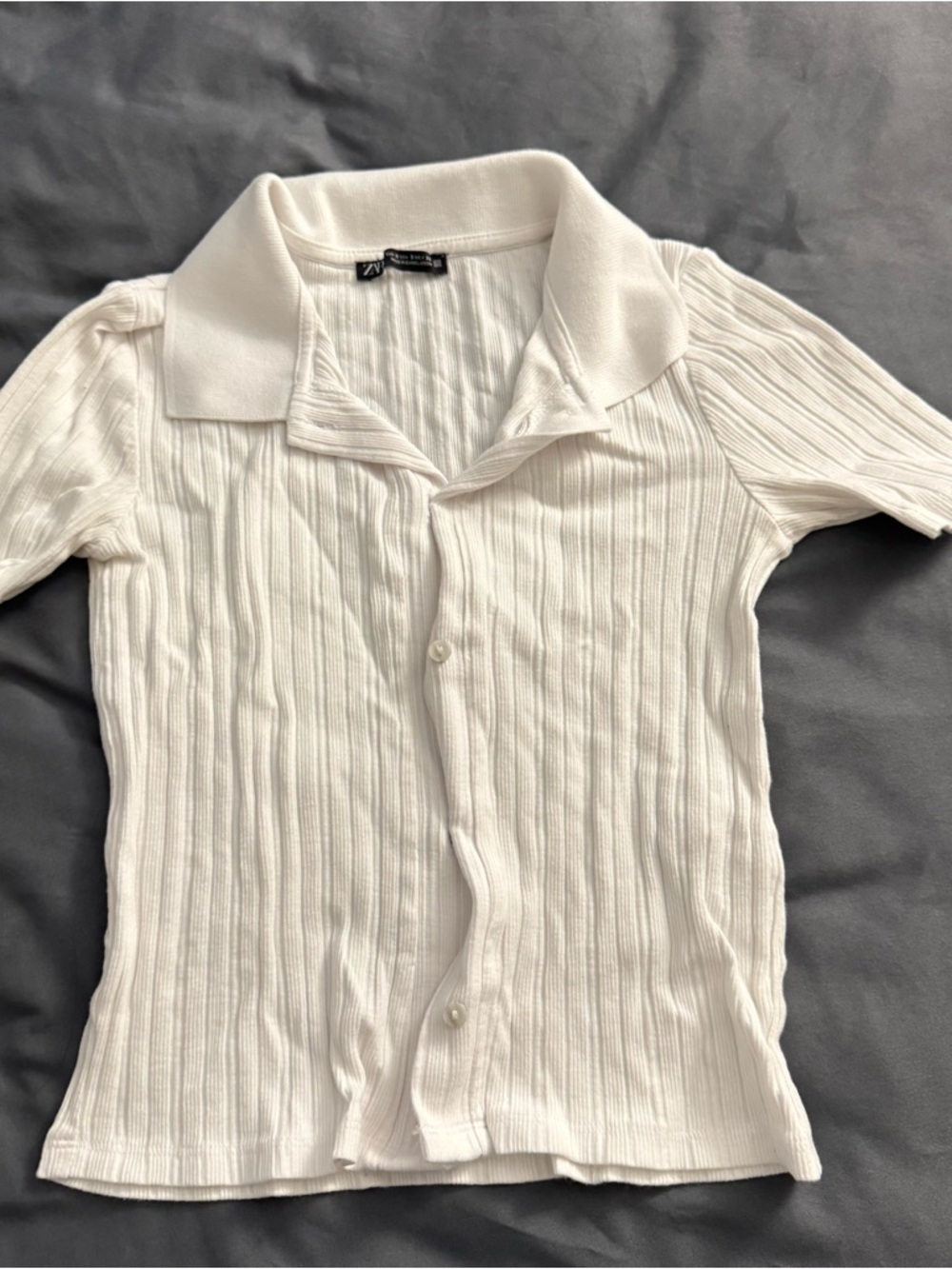 Zara Cream Ribbed Polo Top with Button Placket